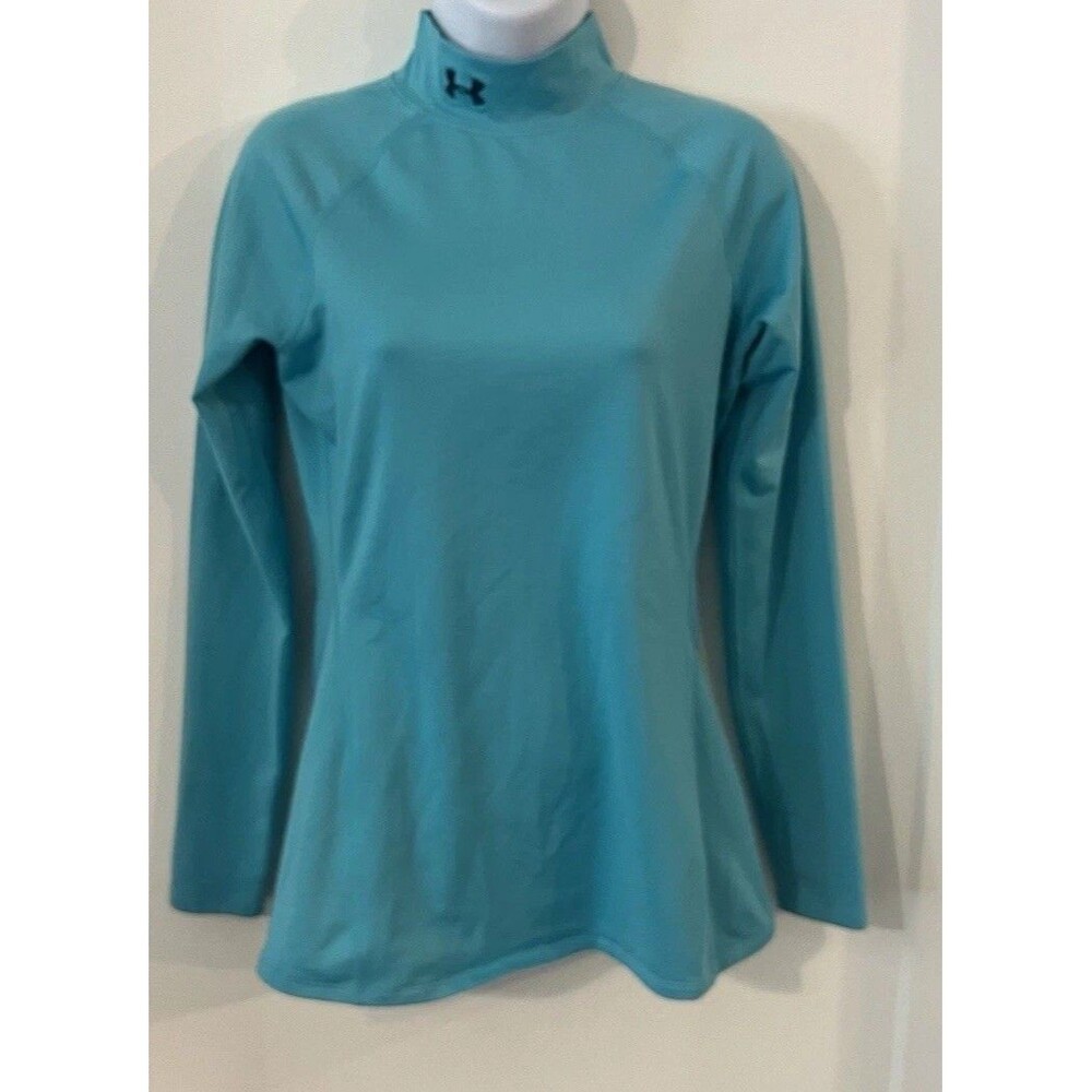Under Armour Authentic ColdGear Aqua Blue Mock Neck Long Sleeve Athletic Top M